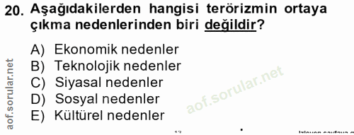 20. soru: Aşağıdakilerden hangisi terörizmin ortaya çıkma nedenlerinden biri değildir? A) Ekonomik nedenler B) Teknolojik neden…