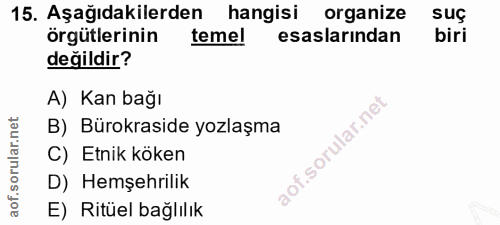 15. soru: Aşağıdakilerden hangisi organize suç örgütlerinin temel esaslarından biri değildir? A) Kan bağı B) Bürokraside yozlaş…