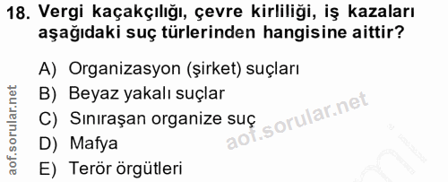 18. soru: Vergi kaçakçılığı, çevre kirliliği, iş kazaları aşağıdaki suç türlerinden hangisine aittir? A) Organizasyon (şirket)…