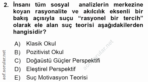 2. soru: Insanı tüm sosyal analizlerin merkezine koyan rasyonalite ve akılcılık eksenli bir bakış açısıyla suçu "rasyonel bir…