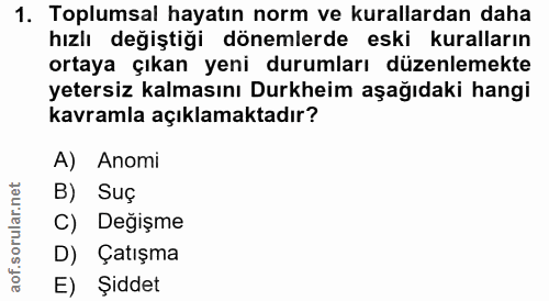 1. soru: Toplumsal hayatın norm ve kurallardan daha hızlı değiştiği dönemlerde eski kuralların ortaya çıkan yeni durumları düz…