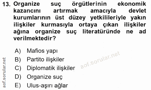 13. soru: Organize suç örgütlerinin K ekonomik kazancını artırmak amacıyla devlet kurumlarının üst düzey yetkilileriyle yakın i…