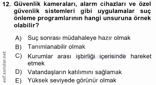 12. soru: Güvenlik kameraları, alarm cihazları ve özel güvenlik sistemleri gibi uygulamalar suç önleme programlarının hangi uns…