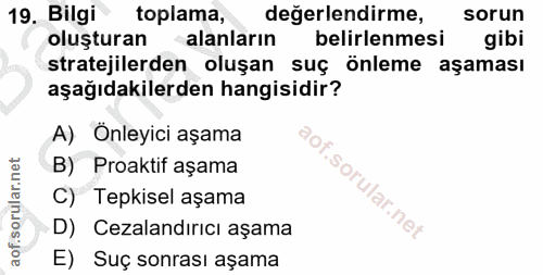 19. soru: Bilgi toplama, değerlendirme, sorun oluşturan alanların belirlenmesi gibi stratejilerden oluşan suç önleme aşaması aş…