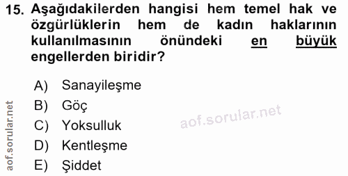 15. soru: Aşağıdakilerden hangisi hem temel hak ve özgürlüklerin hem de kadın haklarının kullanılmasının önündeki en büyük enge…