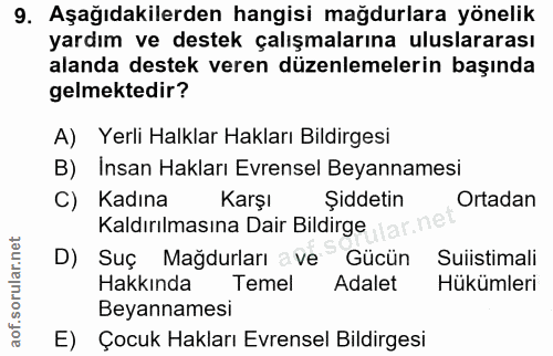 9. soru: Aşağıdakilerden hangisi mağdurlara yönelik yardım ve destek çalışmalarına uluslararası alanda destek veren düzenlemel…