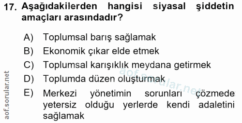 17. soru: Aşağıdakilerden hangisi siyasal şiddetin amaçları arasındadır? A) Toplumsal barış sağlamak B) Ekonomik çıkar elde etm…