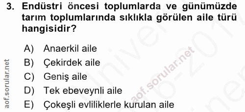 3. soru: Endüstri öncesi toplumlarda ve günümüzde tarım toplumlarında sıklıkla görülen aile türü hangisidir? A) Anaerkil aile…