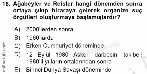 16. soru: Ağabeyler ve Reisler hangi dönemden sonra ortaya çıkıp biraraya gelerek organize suç örgütleri oluşturmaya başlamışla…