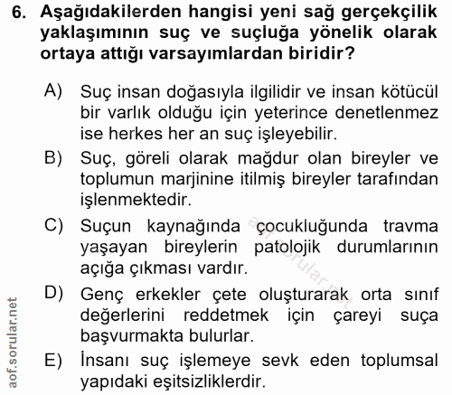 6. soru: Aşağıdakilerden hangisi yeni sağ gerçekçilik yaklaşımının suç ve suçluğa yönelik olarak ortaya attığı varsayımlardan…