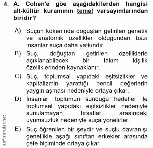 4. soru: A. Cohen'e göe aşağıdakilerden hangisi alt-kültür kuramının temel varsayımlarından biridir? A) Suçun kökeninde doğuşt…