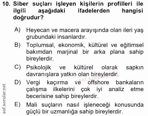 10. soru: Siber suçları işleyen kişilerin profilleri ile ilgili aşağıdaki ifadelerden hangisi doğrudur? A) Heyecan ve macera ar…