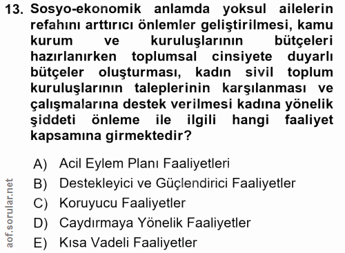 13. soru: Sosyo-ekonomik anlamda yoksul ailelerin refahinı arttırıcı önlemler geliştirilmesi, kamu kurum ve kuruluşlarının bütç…