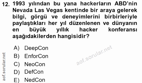 12. soru: 1993 yılından bu yana hackerların ABD'nin Nevada Las Vegas kentinde bir araya gelerek bilgi, görgü ve deneyimlerini b…
