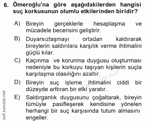 6. soru: Ömeroğlu'na göre aşağıdakilerden hangisi suç korkusunun olumlu etkilerinden biridir? A) Bireyin gerçeklerle hesaplaşm…