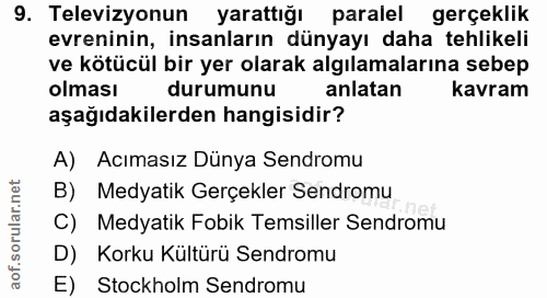 9. soru: Televizyonun yarattığı paralel gerçeklik evreninin, insanların dünyayı daha tehlikeli ve kötücül bir yer olarak algıl…