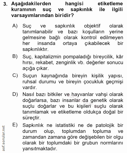 3. soru: Aşağıdakilerden hangisi etiketleme kuramının suç ve sapkınlık ile ilgili varsayımlarından biridir? A) Suç ve sapkınli…