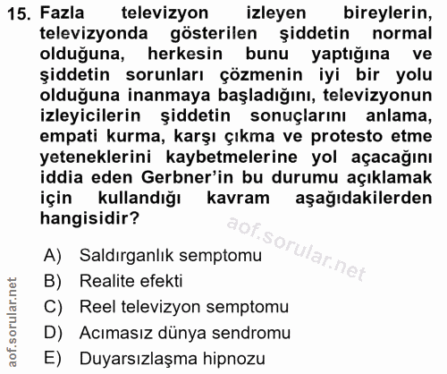 15. soru: Fazla televizyon izleyen bireylerin, televizyonda gösterilen şiddetin normal olduğuna, herkesin bunu yaptığına ve şid…