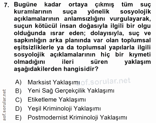 7. soru: Bugüne kadar ortaya çıkmış tüm suç kuramlarının suça yönelik sosyolojik açıklamalarının anlamsızlığını vurgulayarak,…