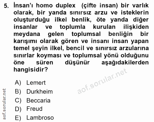 5. soru: İnsan'ı homo duplex (çifte insan) bir varlık olarak, bir yanda sınırsız arzu ve isteklerin oluşturduğu ilkel benlik,…