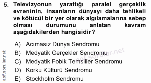 5. soru: Televizyonun yarattığı paralel gerçeklik evreninin, insanların dünyayı daha tehlikeli ve kötücül bir yer olarak algıl…