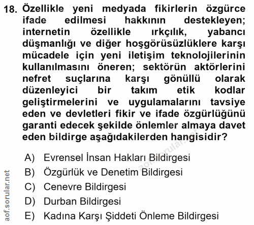18. soru: Özellikle yeni medyada fikirlerin özgürce ifade edilmesi hakkının destekleyen; internetin özellikle irkçılık, yabancı…