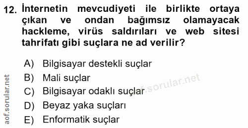 12. soru: İnternetin mevcudiyeti _ile birlikte ortaya ondan Çıkan ve bağımsız olamayacak hackleme, virüs saldırıları ve web sit…