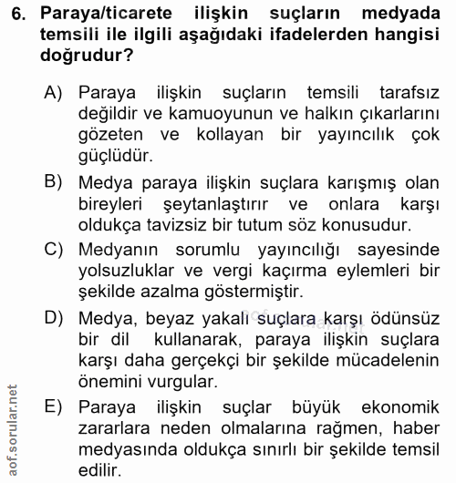 6. soru: Paraya/ticarete ilişkin suçların medyada temsili ile ilgili aşağıdaki ifadelerden hangisi doğrudur? A) Paraya ilişkin…