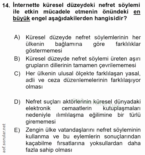 14. soru: İnternette küresel düzeydeki nefret söylemi ile etkin mücadele etmenin önündeki en büyük engel aşağıdakilerden hangis…