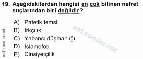 19. soru: Aşağıdakilerden hangisi en çok bilinen nefret suçlarından biri değildir? A) Patetik temsil B) Irkçılık C) Yabancı düş…
