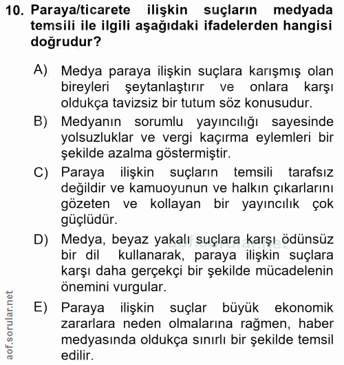 10. soru: Paraya/ticarete ilişkin suçların medyada temsili ile ilgili aşağıdaki ifadelerden hangisi doğrudur? A) Medya paraya i…