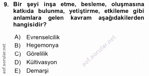 9. soru: Bir şeyi inşa etme, besleme, oluşmasına katkıda bulunma, yetiştirme, etkileme gibi anlamlara gelen kavram aşağıdakile…