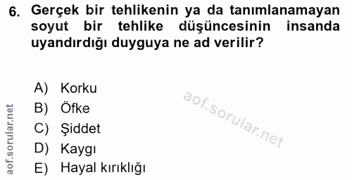 6. soru: Gerçek bir tehlikenin ya da tanımlanamayan soyut bir tehlike düşüncesinin insanda uyandırdığı duyguya ne ad verilir?…