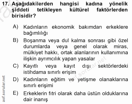 17. soru: Aşağıdakilerden hangisi kadına yönelik şiddeti tetikleyen kültürel faktörlerden birisidir? A) Kadınların ekonomik bak…