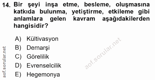 14. soru: Bir şeyi inşa etme, besleme, oluşmasına katkıda bulunma, yetiştirme, etkileme gibi anlamlara gelen kavram aşağıdakile…