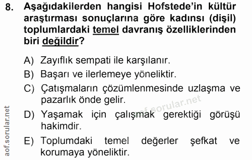 8. soru: Aşağıdakilerden hangisi Hofstede'in kültür araştırması sonuçlarına göre kadınsı (dişil) toplumlardaki temel davranış…