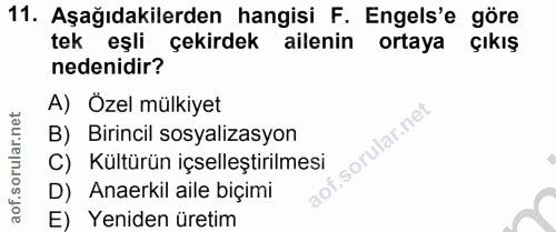 11. soru: Aşağıdakilerden hangisi F. Engels'e göre tek eşli çekirdek ailenin ortaya çıkış nedenidir? A) Özel mülkiyet B) Birinc…