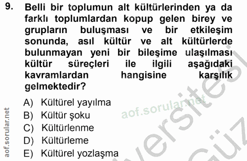 9. soru: Belli bir toplumun alt kültürlerinden ya da farklı toplumlardan kopup gelen birey ve grupların buluşması ve bir etkil…