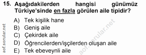 15. soru: Aşağıdakilerden hangisi günümüz Türkiye'sinde en fazla görülen aile tipidir? A) Tek kişilik hane B) Geniş aile C) Çek…