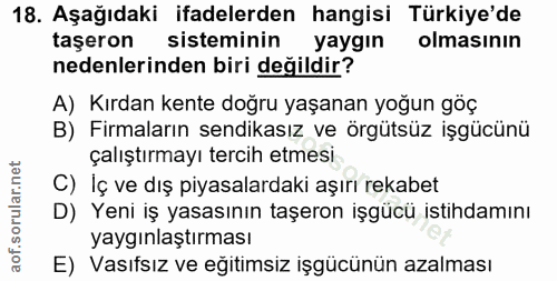 18. soru: Aşağıdaki ifadelerden hangisi Türkiye'de taşeron sisteminin yaygın olmasının nedenlerinden biri değildir? A) Kırdan k…