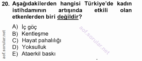 20. soru: Aşağıdakilerden hangisi Türkiye'de kadın istihdamının artışında etkili olan etkenlerden biri değildir? A) Iç göç B) K…