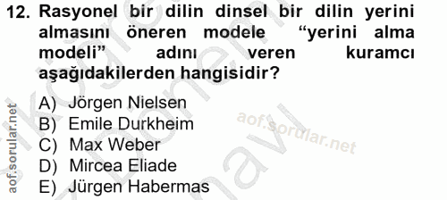 12. soru: Rasyonel bir dilin dinsel bir dilin yerini almasını öneren modele "yerini alma modeli" adını veren kuramcı aşağıdakil…