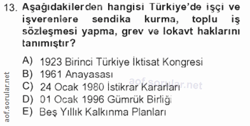 13. soru: Aşağıdakilerden hangisi Türkiye'de işçi ve işverenlere sendika kurma, toplu iş sözleşmesi yapma, grev ve lokavt hakla…