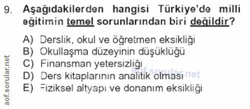 9. soru: Aşağıdakilerden hangisi Türkiye'de milli eğitimin temel sorunlarından biri değildir? A) Derslik, okul ve öğretmen eks…