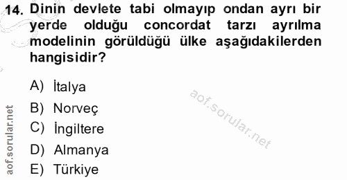 14. soru: Dinin devlete tabi olmayıp ondan ayrı bir yerde olduğu concordat tarzı ayrılma modelinin görüldüğü ülke aşağıdakilerd…