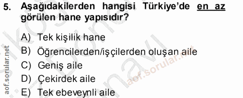 5. soru: Aşağıdakilerden hangisi Türkiye'de en az görülen hane yapısıdır? A) Tek kişilik hane B) Öğrencilerden/işçilerden oluş…