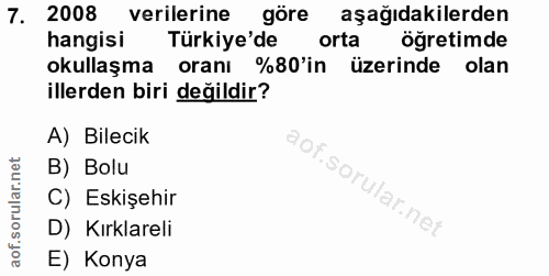 7. soru: 2008 verilerine göre aşağıdakilerden hangisi Türkiye'de orta öğretimde okullaşma oranı %80'in üzerinde olan illerden…