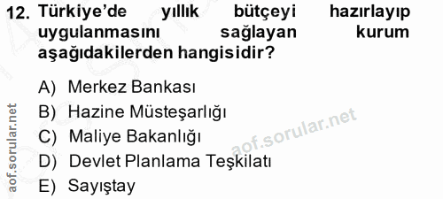 12. soru: Türkiye'de yıllık bütçeyi hazırlayıp uygulanmasını saglayan kurum aşağıdakilerden hangisidir? A) Merkez Bankası B) Ha…