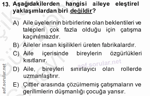 13. soru: Aşağıdakilerden hangisi aileye eleştirel yaklaşımlardan biri değildir? A) Aile üyelerinin birbirlerine olan beklentil…