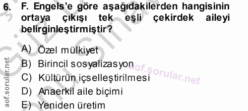 6. soru: F. Engels'e göre aşağıdakilerden hangisinin ortaya çıkışı tek eşli çekirdek aileyi belirginleştirmiştir? B) Birincil…